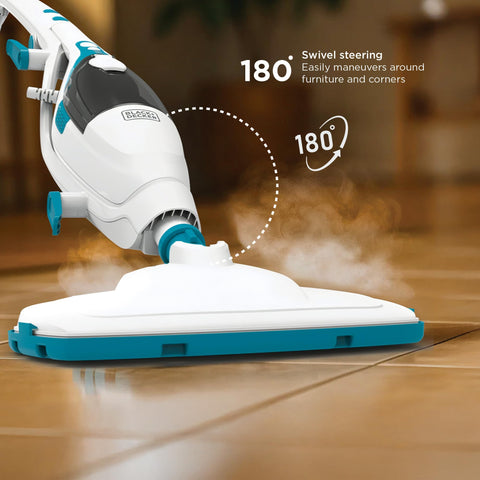 Black+Decker 180-degree swivel enables easy maneuvering.