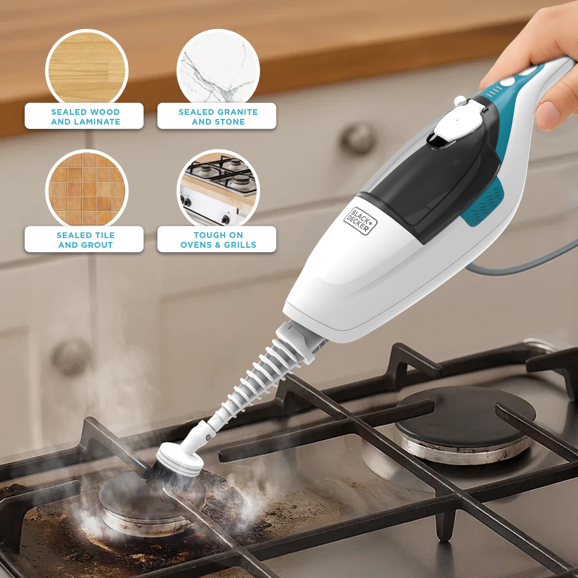 Black+Decker 30-second heat-up for rapid cleaning readiness.