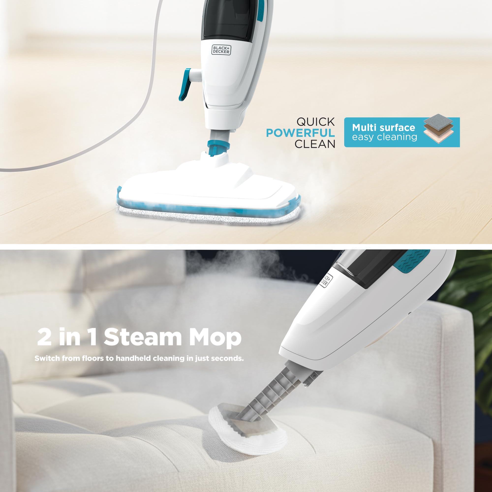 Black+Decker steam mop cleans tile with precision.