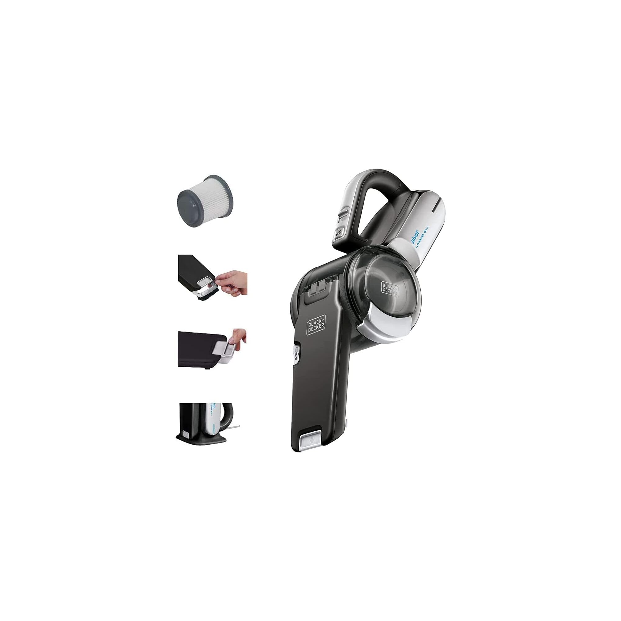 BLACK+DECKER Dustbuster Pivot Vac reaches tight spaces for home and car cleaning.
