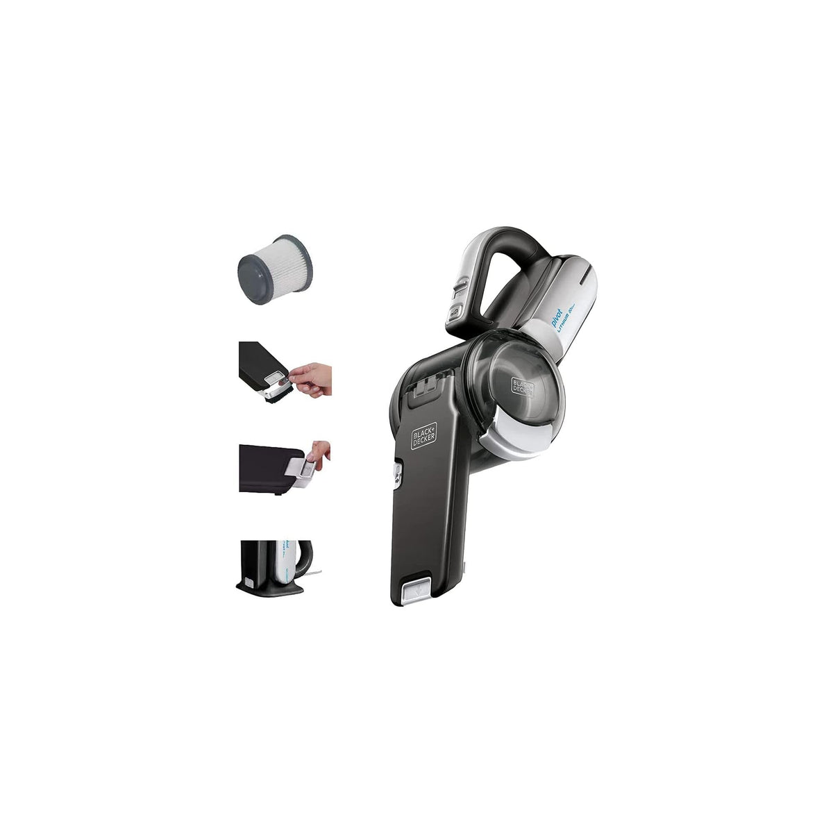 BLACK+DECKER Dustbuster Pivot Vac reaches tight spaces for home and car cleaning.