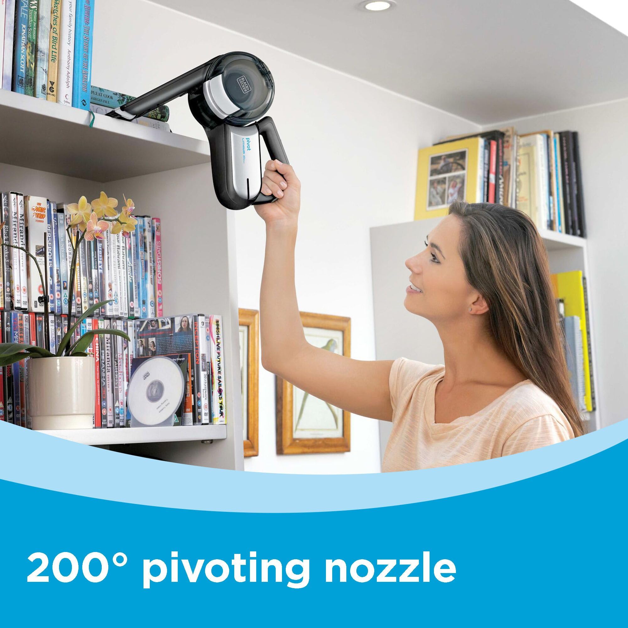 BLACK+DECKER pivoting wide mouth nozzle cleans narrow gaps and large debris.