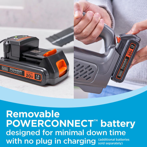 BLACK+DECKER 20V Max PowerConnect cordless vacuum demonstrates on-board crevice tool storage.