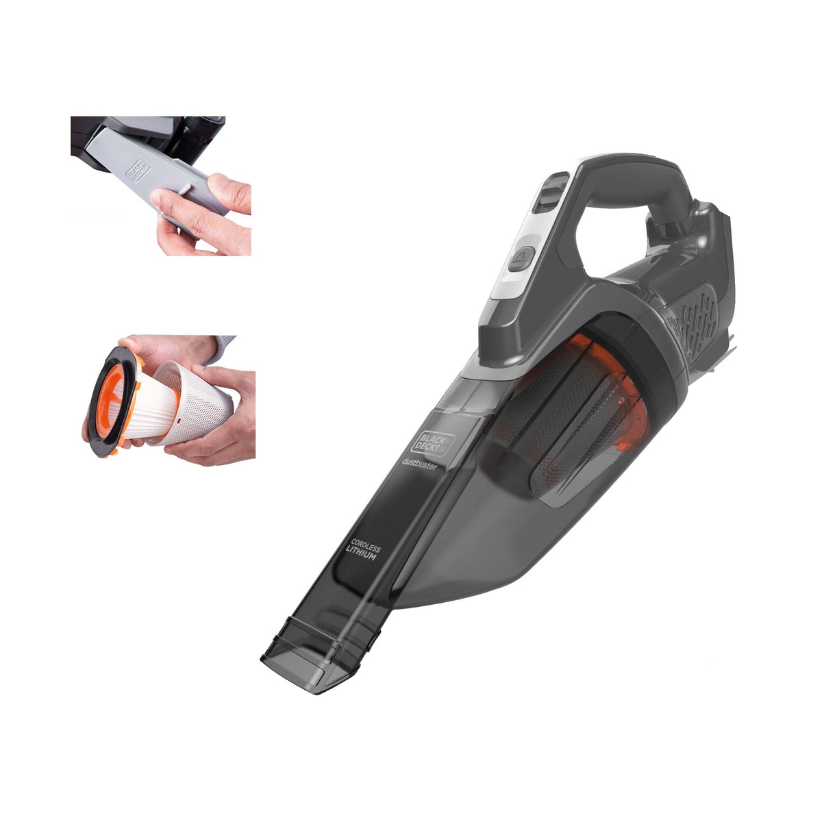 BLACK+DECKER 20V Max PowerConnect handheld vacuum front view for quick cordless cleaning.