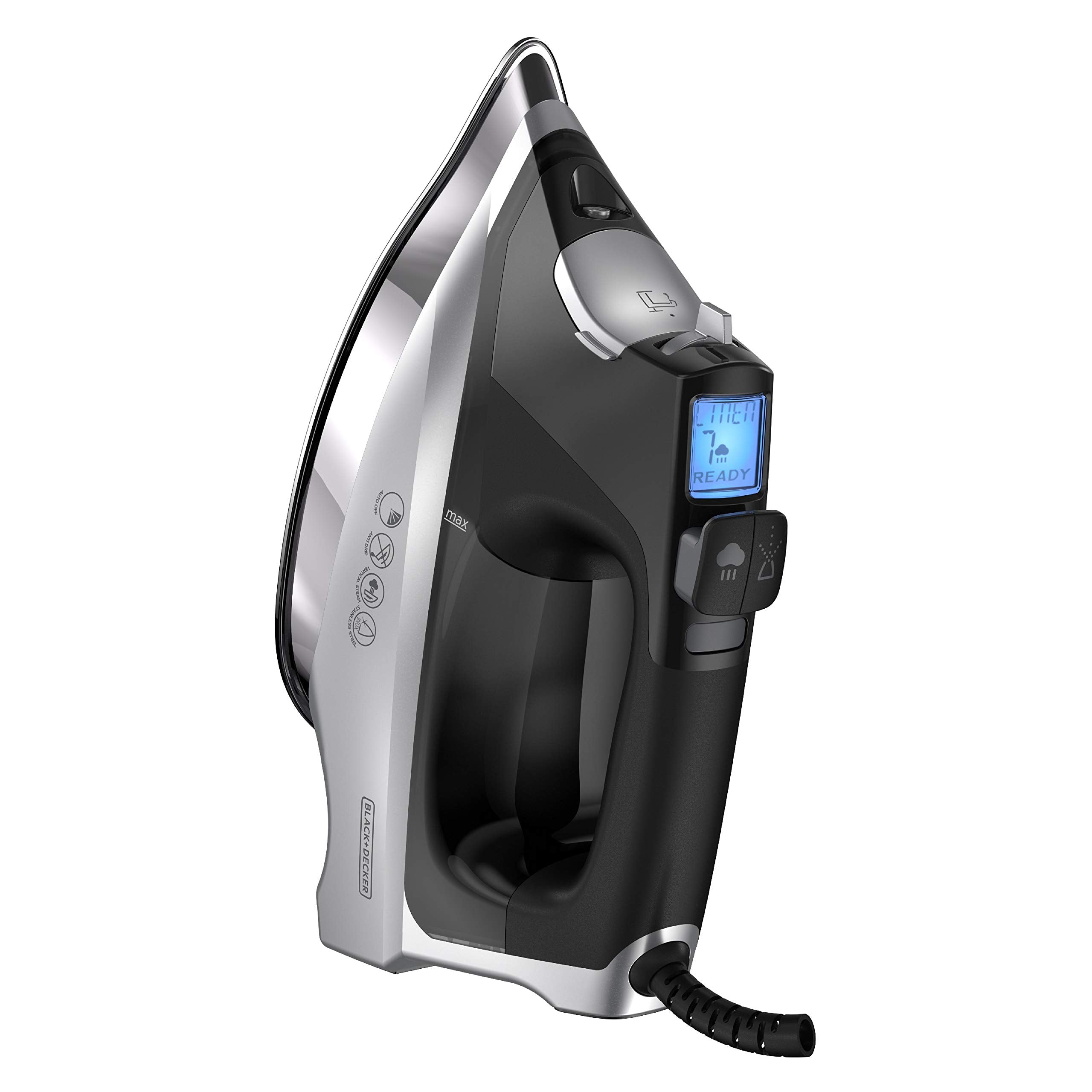 BLACK+DECKER Allure LCD temperature settings visible for fabric-specific ironing.