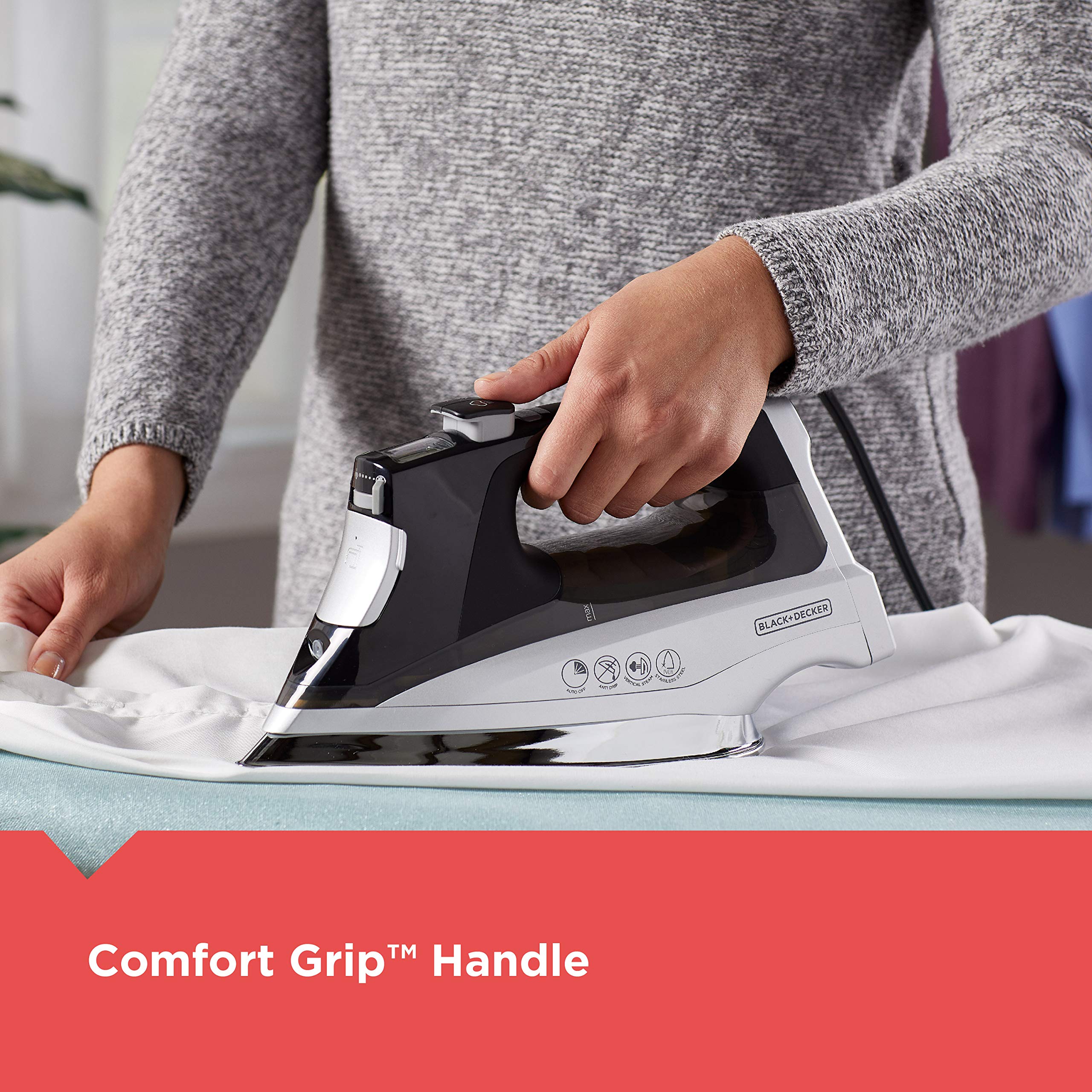 BLACK+DECKER Allure vertical steam function used to refresh garments on the hanger.