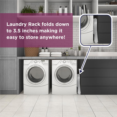 BLACK+DECKER collapsible rack saving space beside washer.