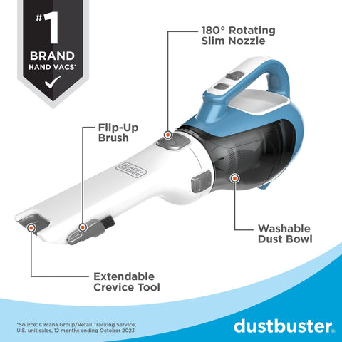 Black+Decker dustbuster crevice tool cleans between cushions and shelves efficiently.