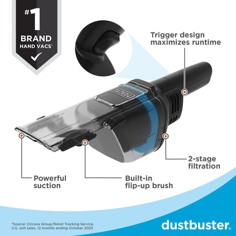 BLACK+DECKER Dustbuster Blast 8V battery power delivers strong suction with cordless convenience.
