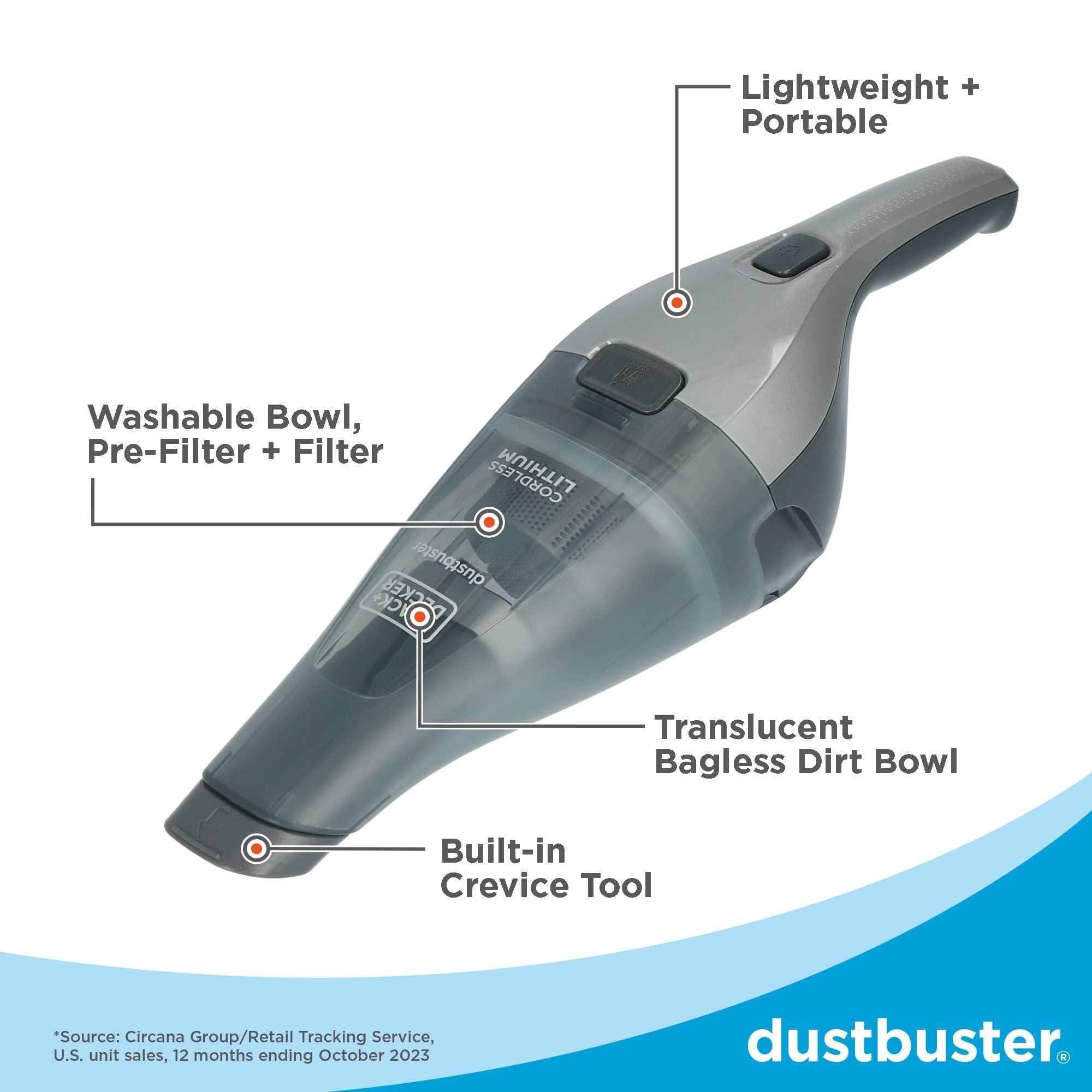 Black+Decker Dustbuster crevice tool reaches tight gaps for precise cleaning.