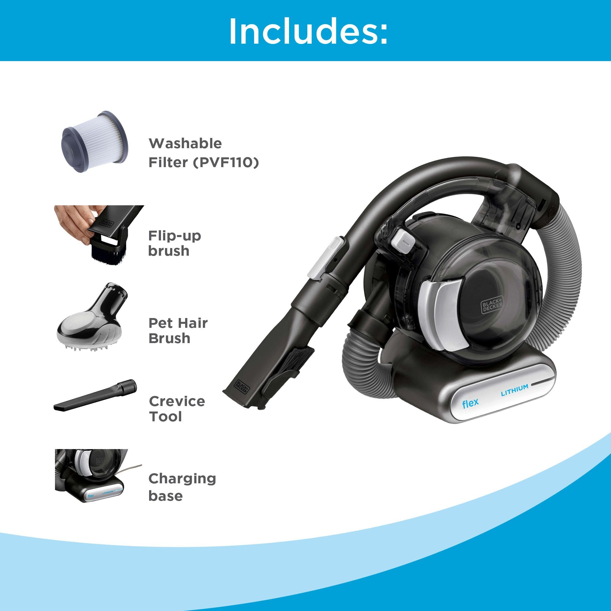 Black+Decker Dustbuster Flex 20V battery powering strong suction