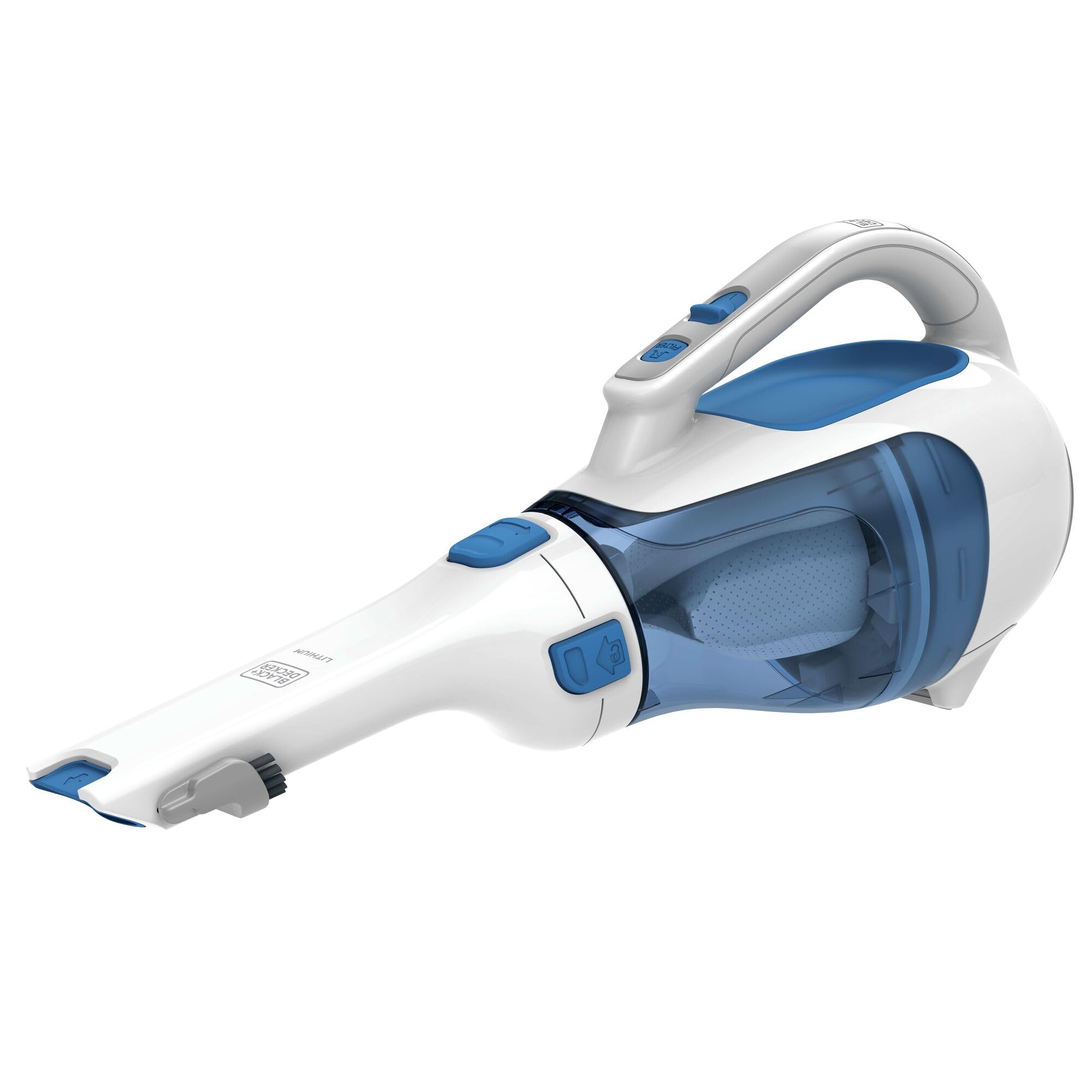 BLACK+DECKER Dustbuster front view highlights compact handheld design for quick cleans.