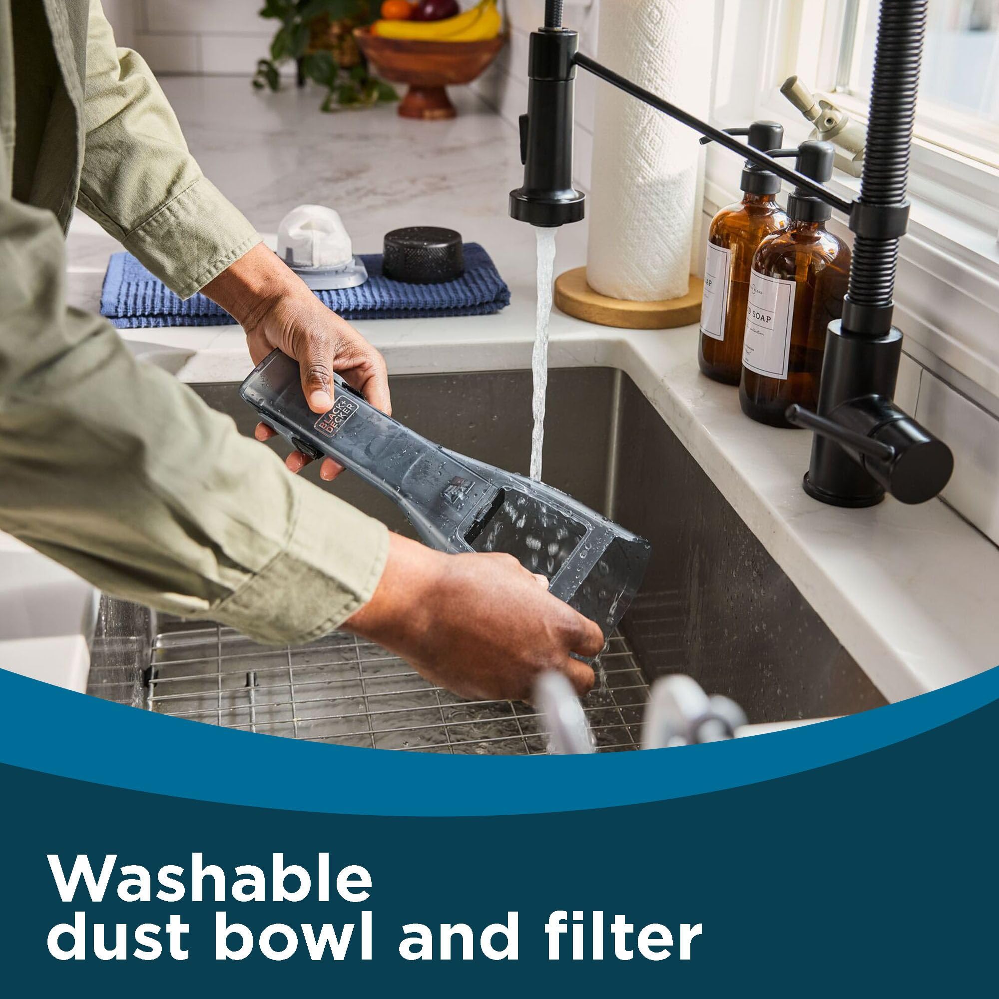 Washable dust bowl on BLACK+DECKER Dustbuster Reveal simplifies maintenance