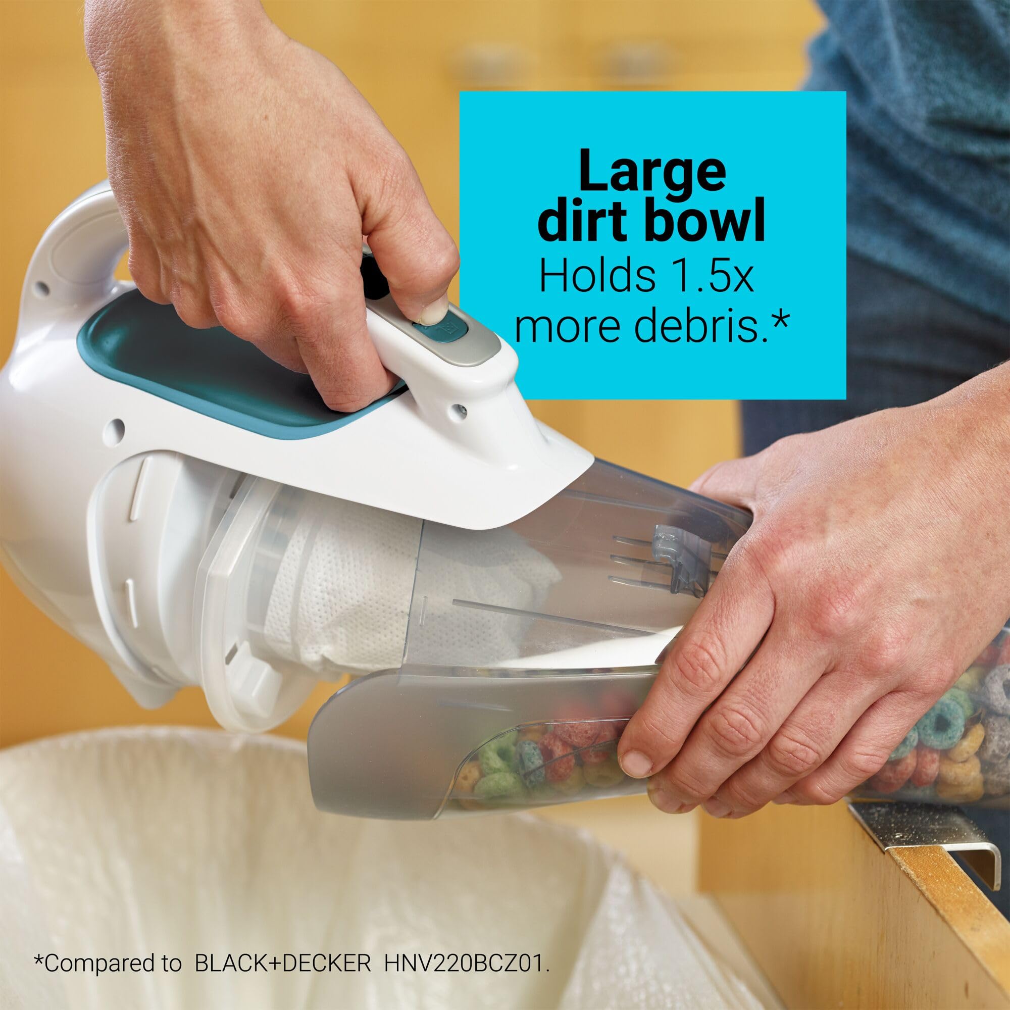 BLACK+DECKER Dustbuster translucent dirt bowl shows when to empty.