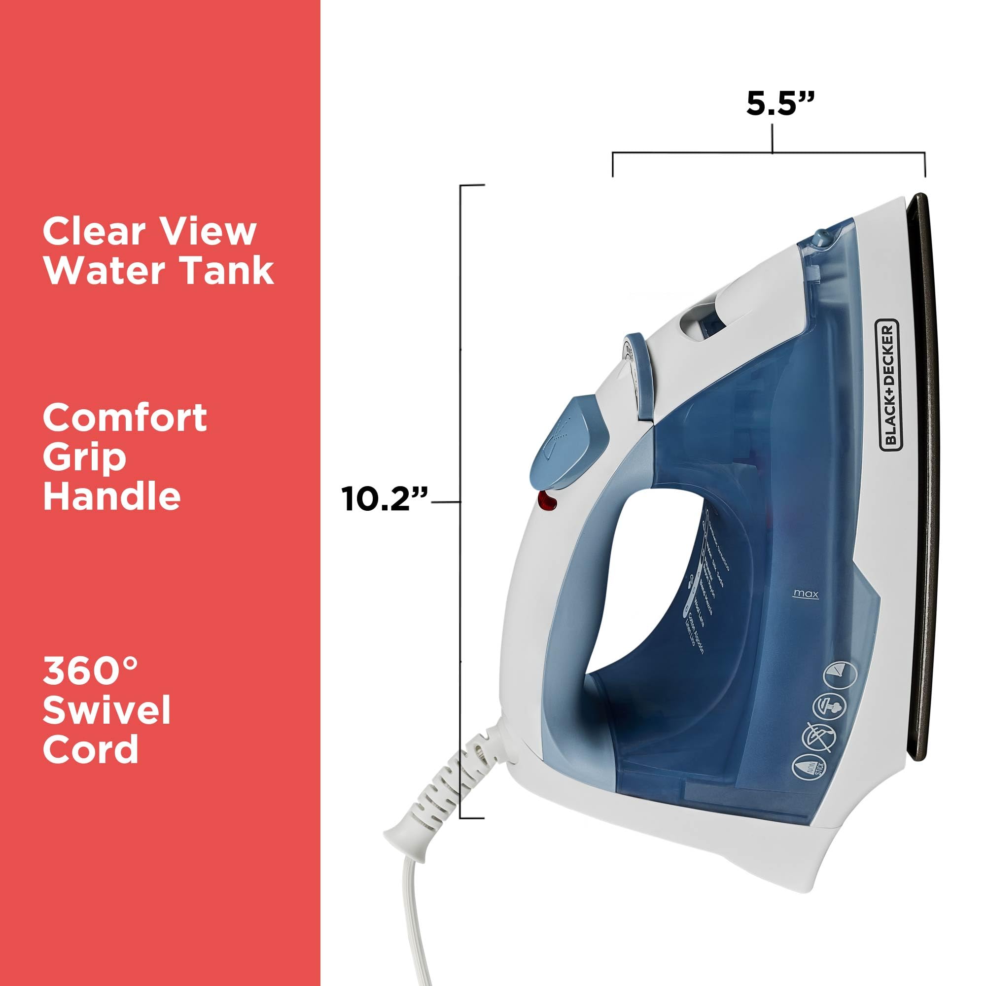 BLACK+DECKER Easy Steam Compact Iron spray mist to moisten fabrics and relax wrinkles.