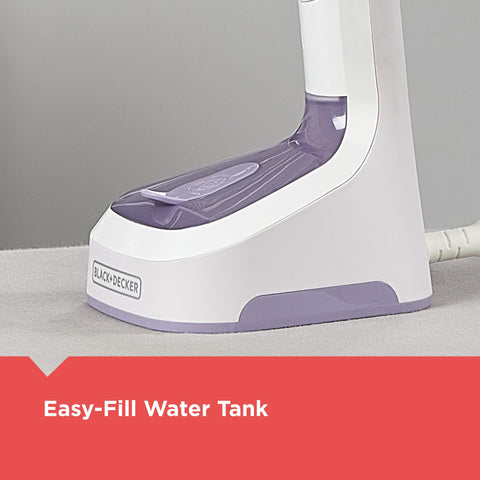 BLACK+DECKER Easy Store Steamer 18g/min burst power tackles stubborn creases easily.