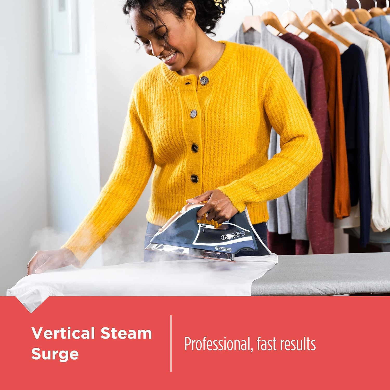 Dynamic Steam System provides continuous steam and bursts for wrinkle removal.
