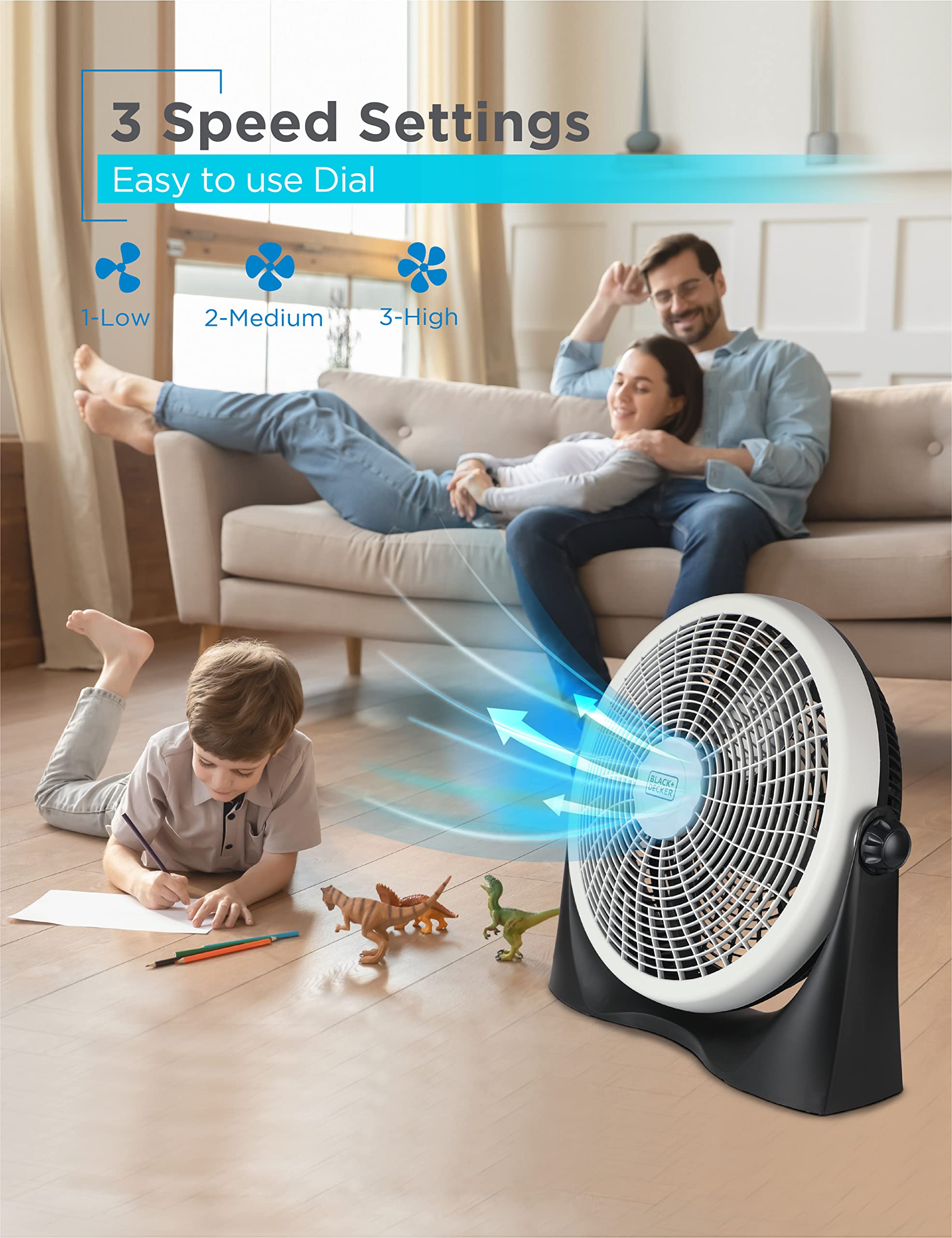 Sturdy base and five blades of BLACK+DECKER high velocity floor fan for stable operation