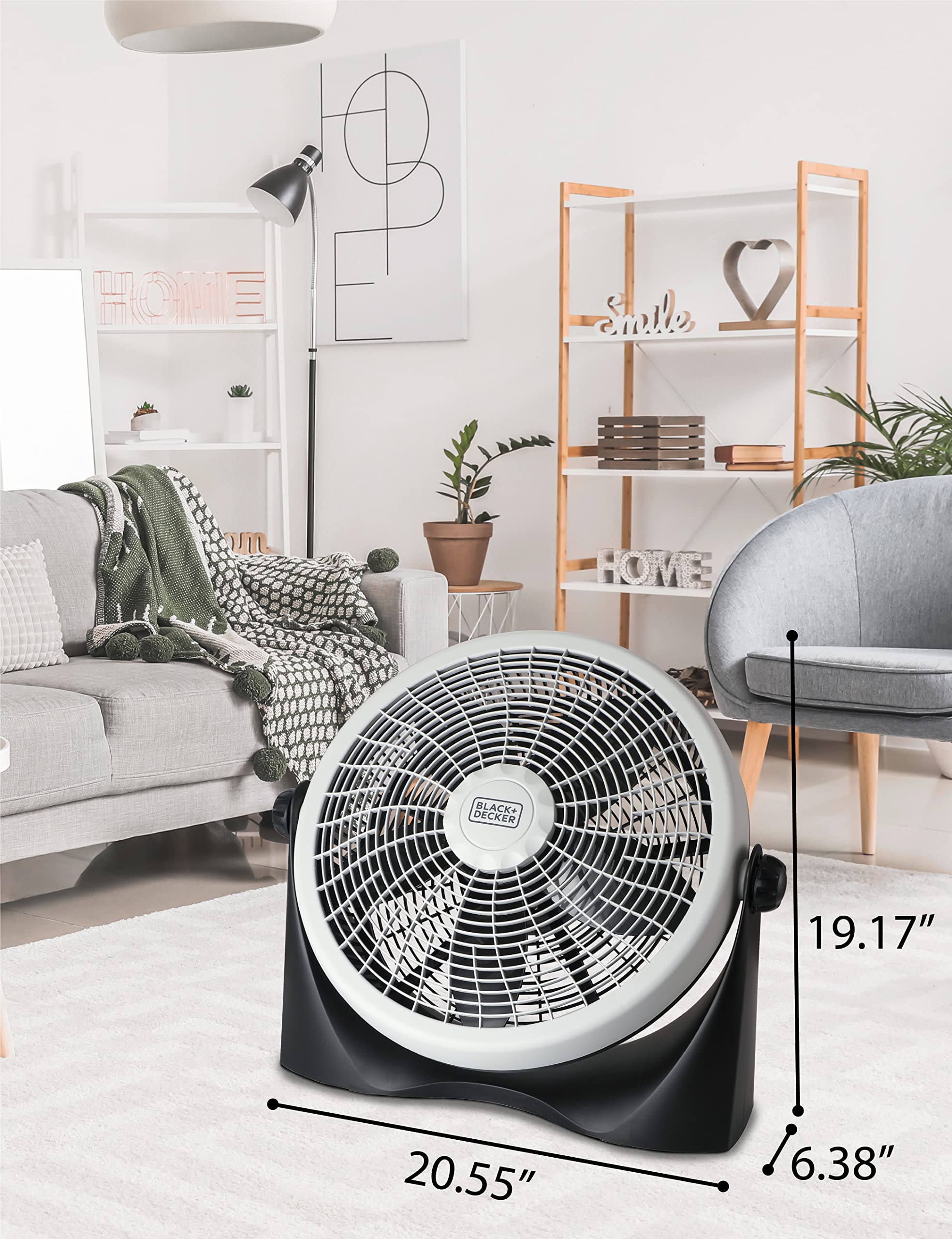 BLACK+DECKER high velocity floor fan positioned in a bedroom or office setting
