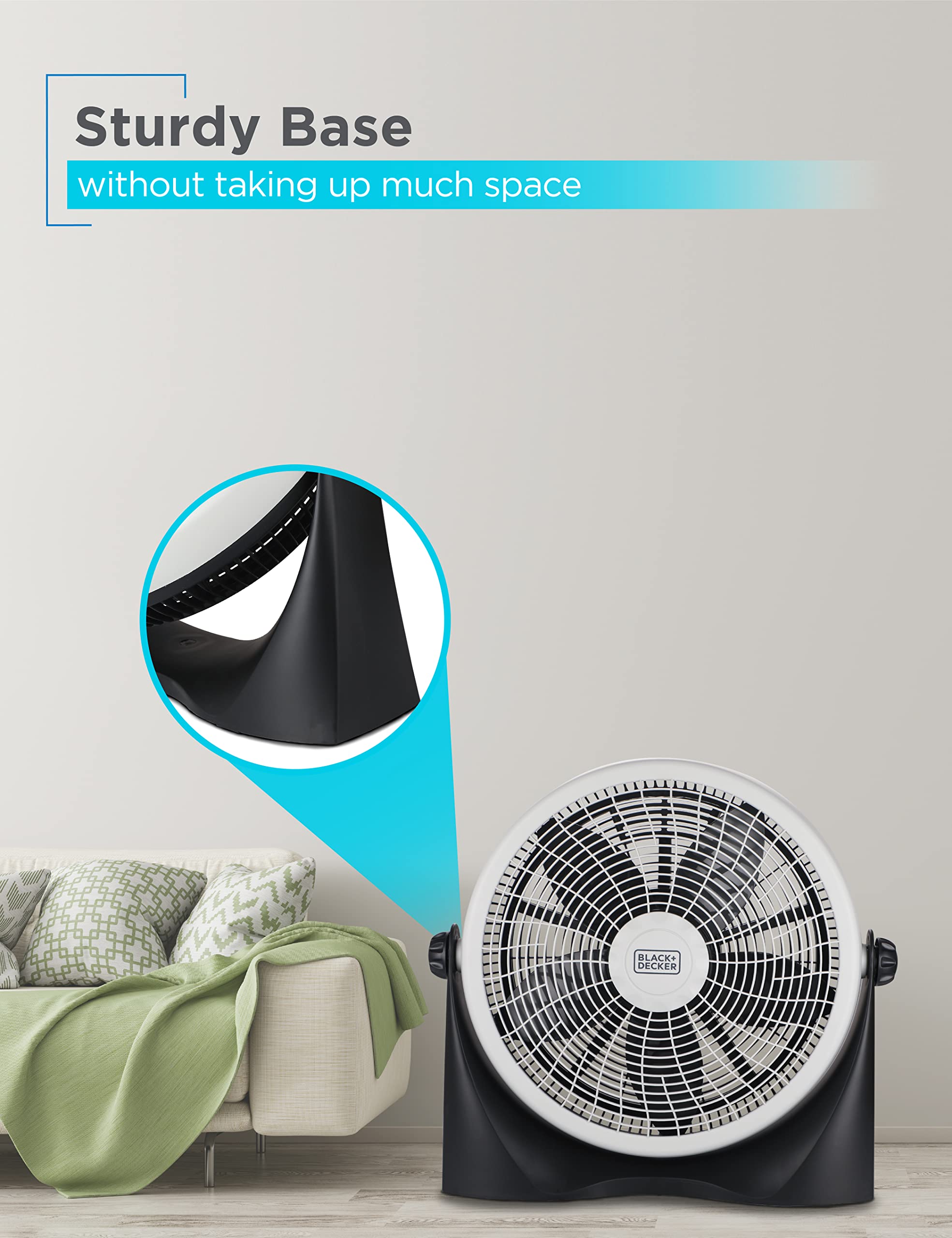 Compact, portable BLACK+DECKER high velocity floor fan suitable for bedroom or desk use