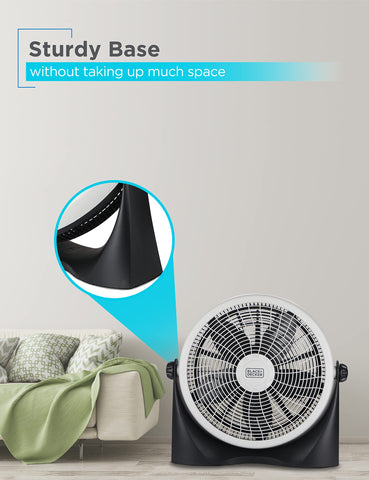 Compact, portable BLACK+DECKER high velocity floor fan suitable for bedroom or desk use