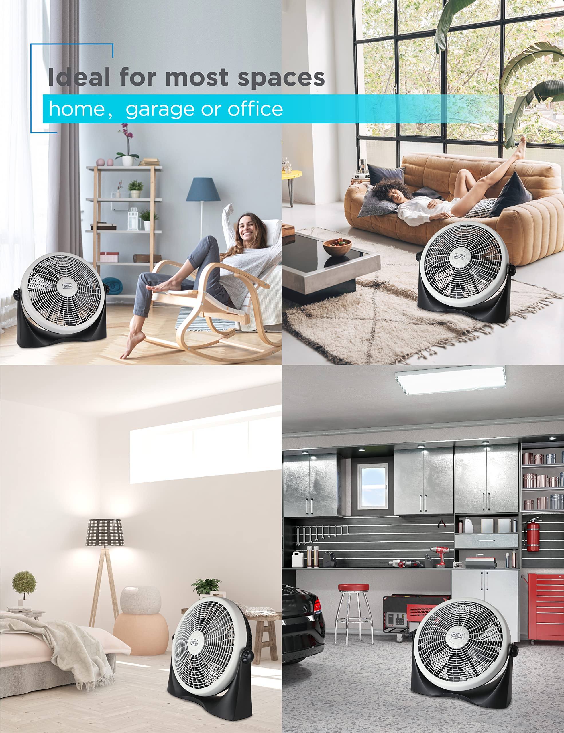 Quiet operation of BLACK+DECKER high velocity floor fan during daily activities