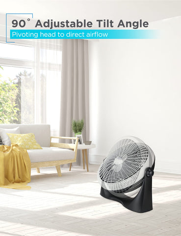 Tiltable head on BLACK+DECKER high velocity floor fan for directed cooling in office environments