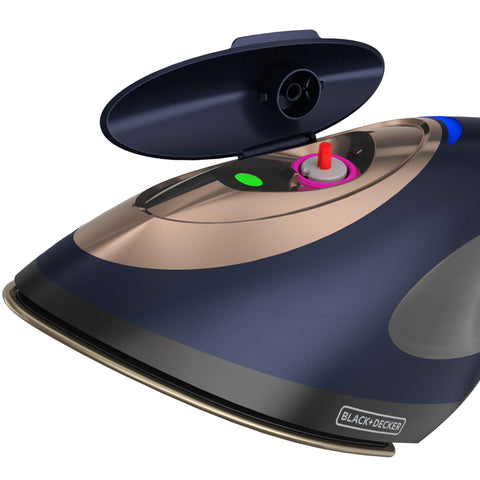 BLACK+DECKER 2-in-1 iron-steamer in use on shirt for quick refresh