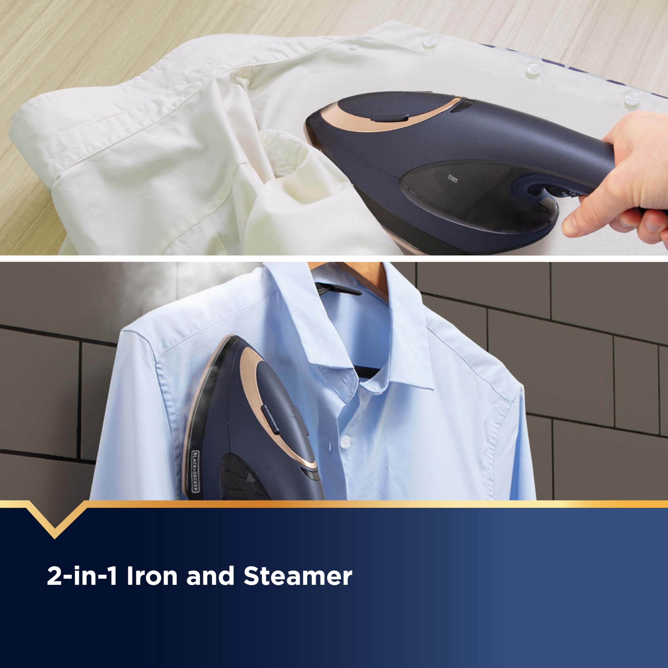 BLACK+DECKER steam action shot highlighting 180% more steam for efficient wrinkle removal