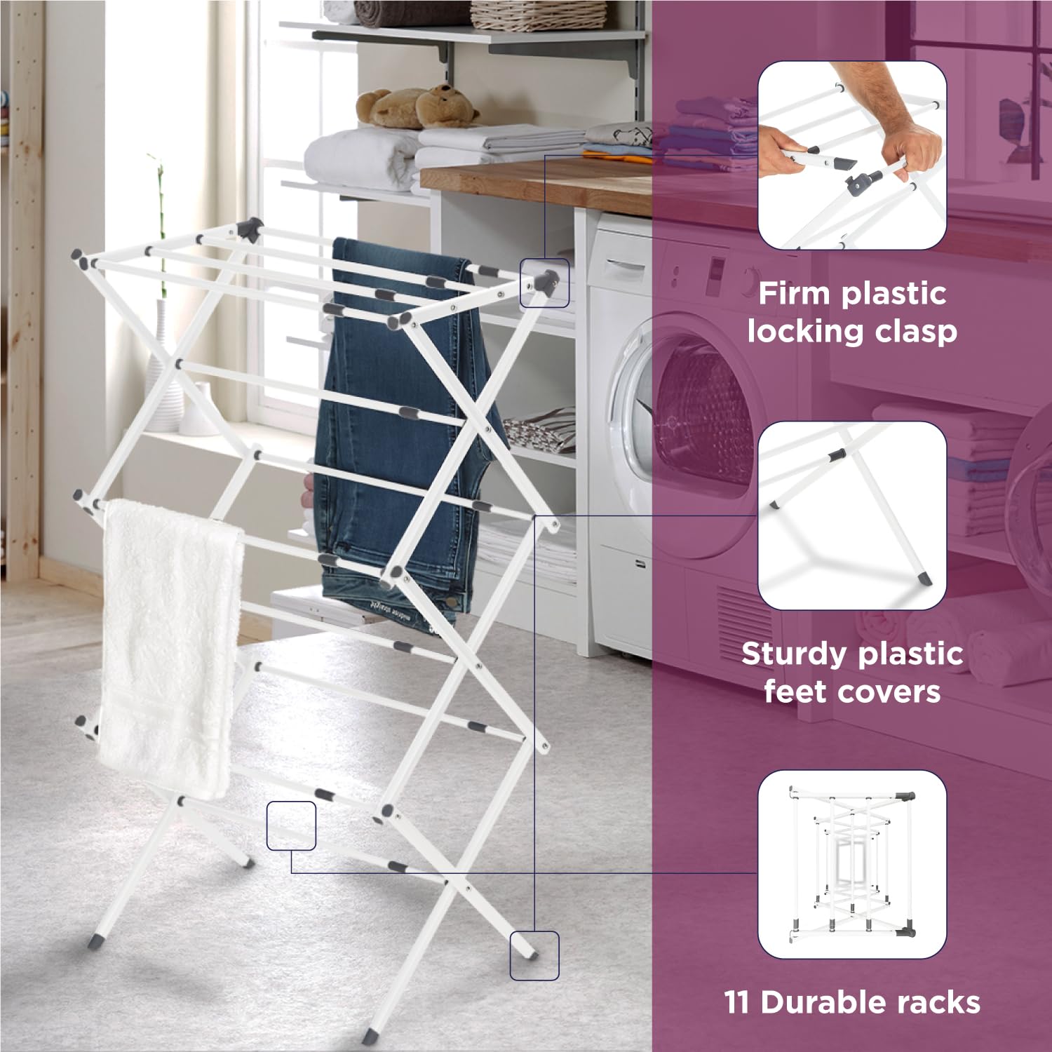 BLACK+DECKER space-saving collapsible rack stored beside a washer.