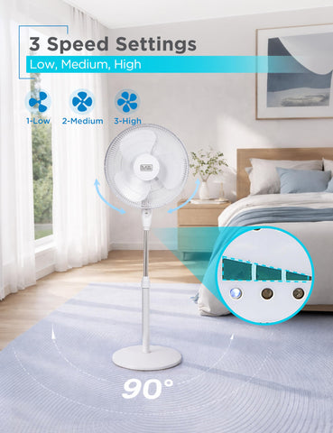 Black+Decker stand fan 90-degree oscillation evenly distributes cool air.