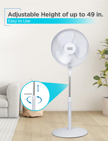 Black+Decker stand fan adjustable height and tilt for tailored airflow.