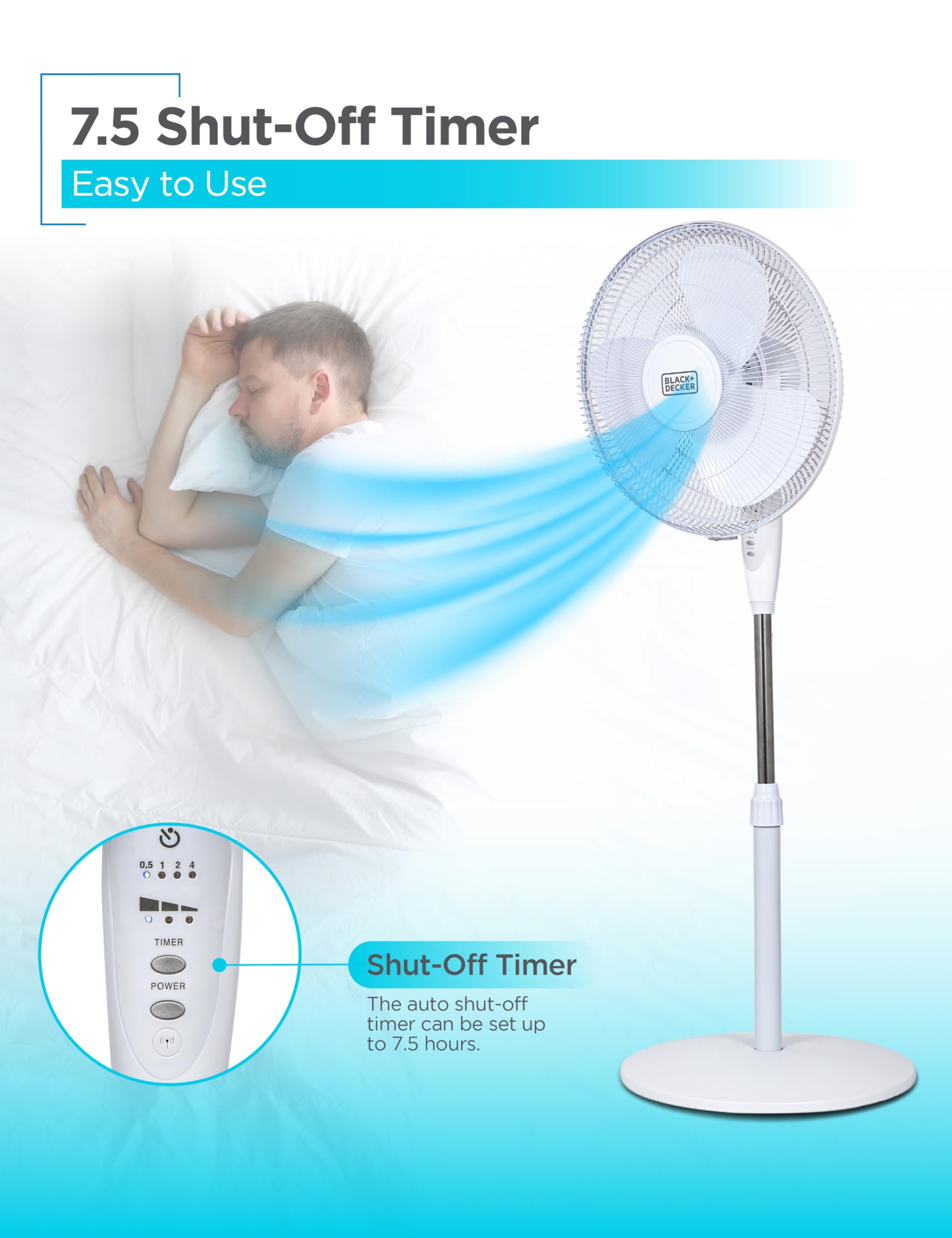 Black+Decker stand fan lightweight design enables easy room-to-room movement.