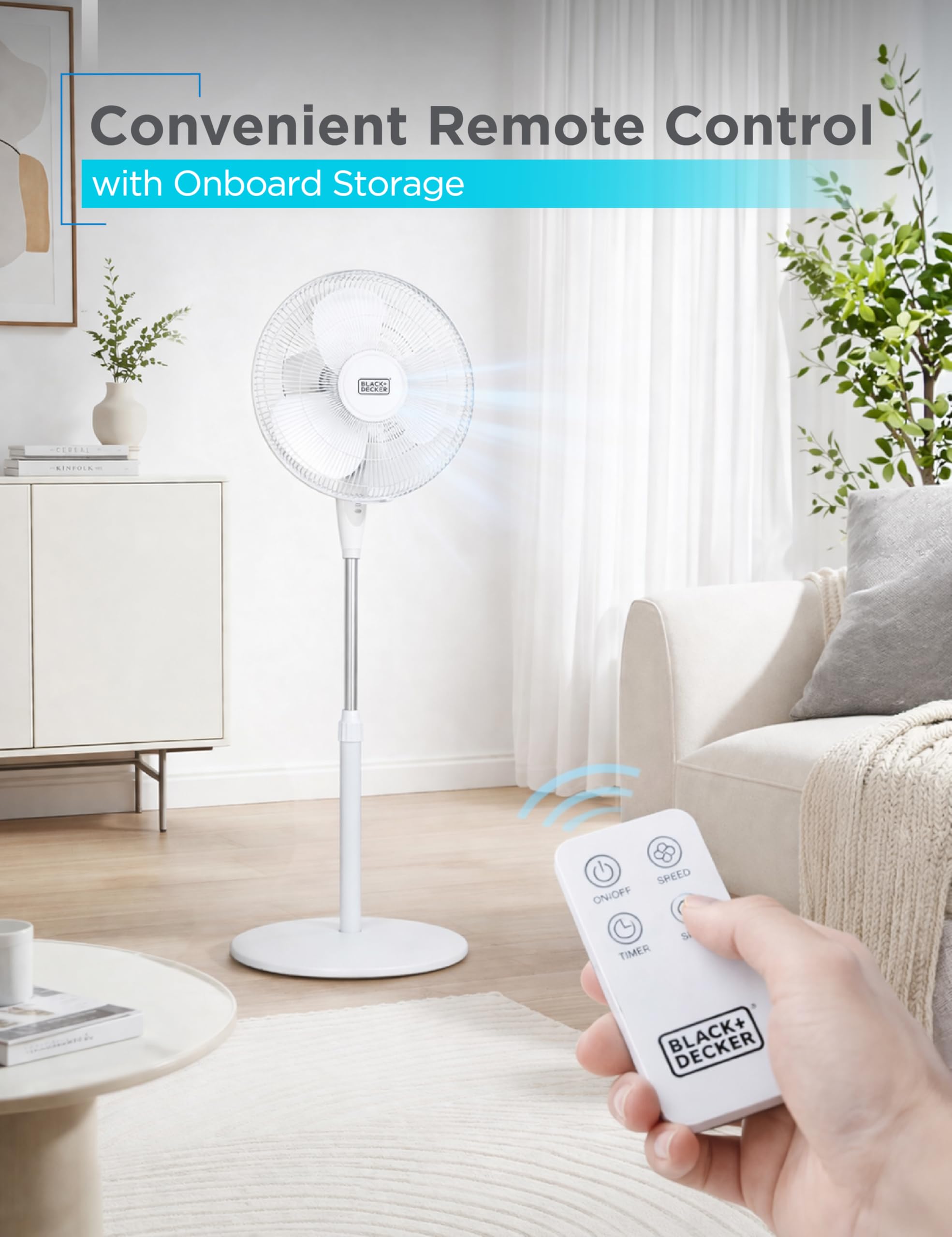 Black+Decker stand fan touch panel for quick speed and mode changes.