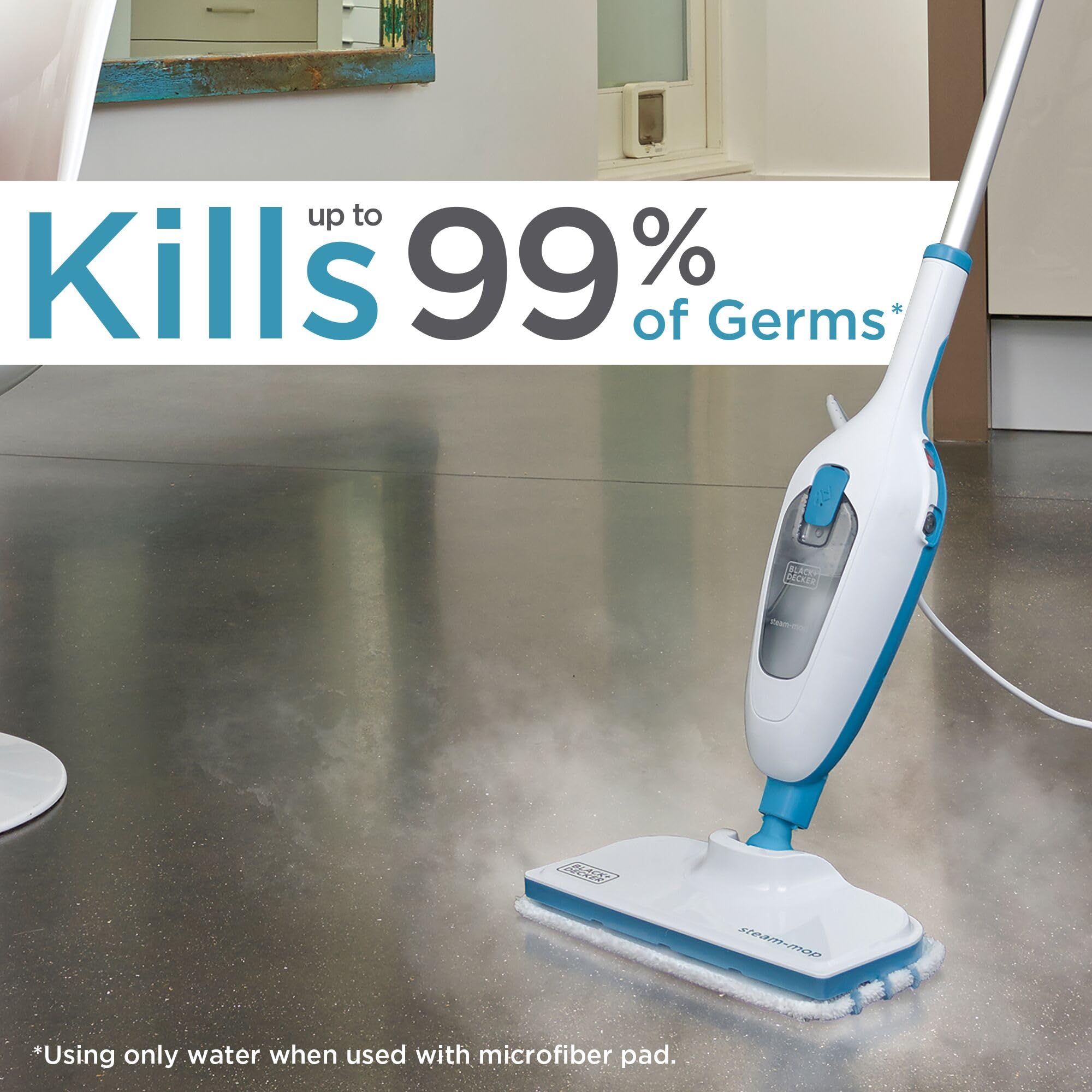 Black+Decker Steam Mop heats up in 30 seconds for quick cleaning.