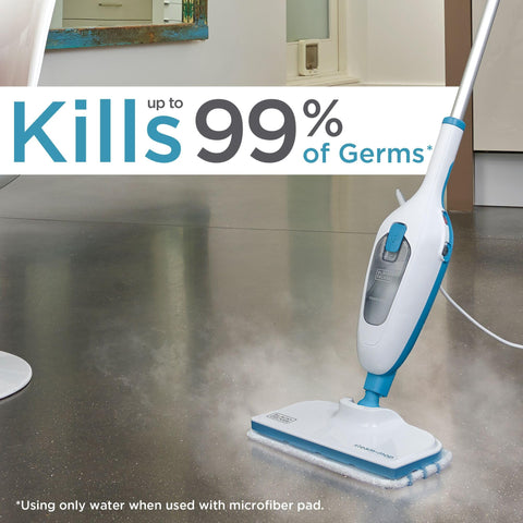 Black+Decker Steam Mop heats up in 30 seconds for quick cleaning.