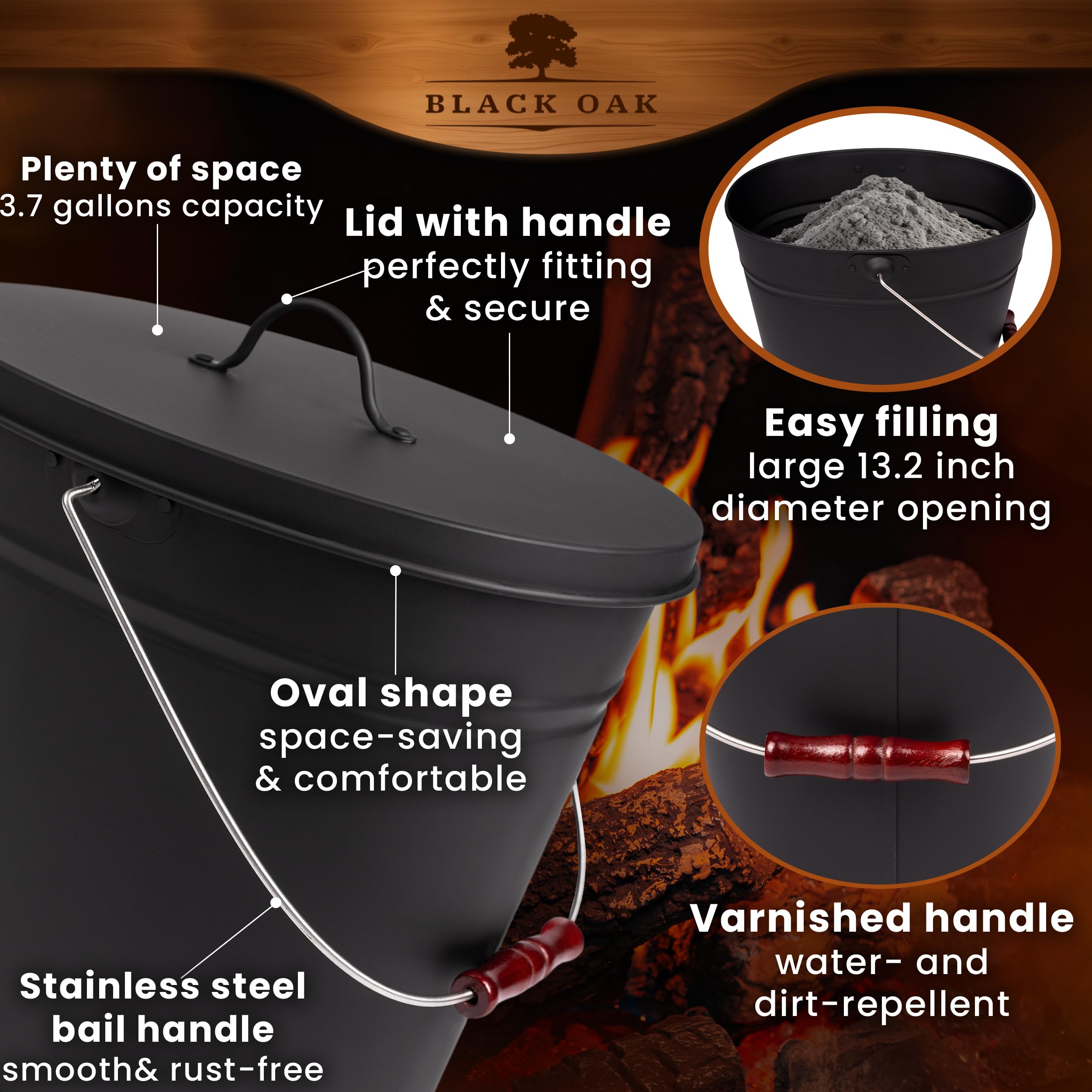 BLACK OAK Vesuvio oval ash bucket with slim footprint for tight spaces