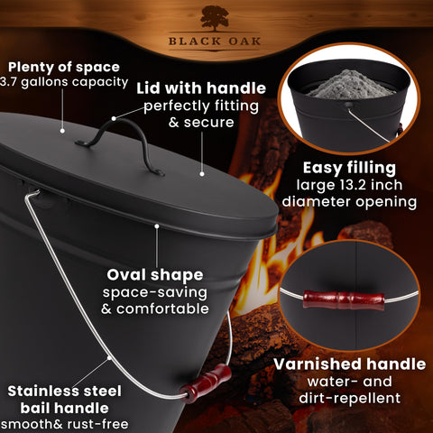 BLACK OAK Vesuvio oval ash bucket with slim footprint for tight spaces