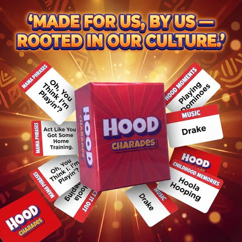 Black Owned Hood Charades display with shrink-wrapped box, party-ready.
