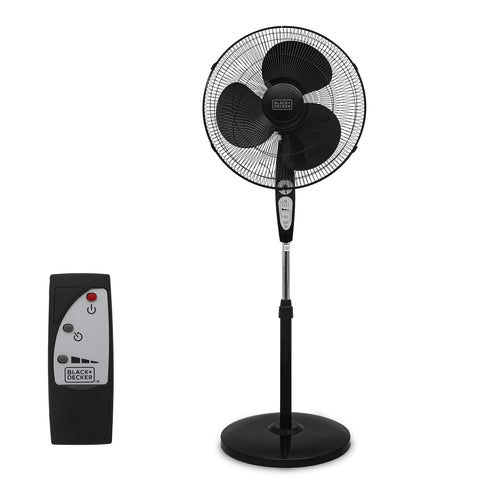 BLACK+DECKER 18-Inch stand fan on pedestal base cools living spaces efficiently.