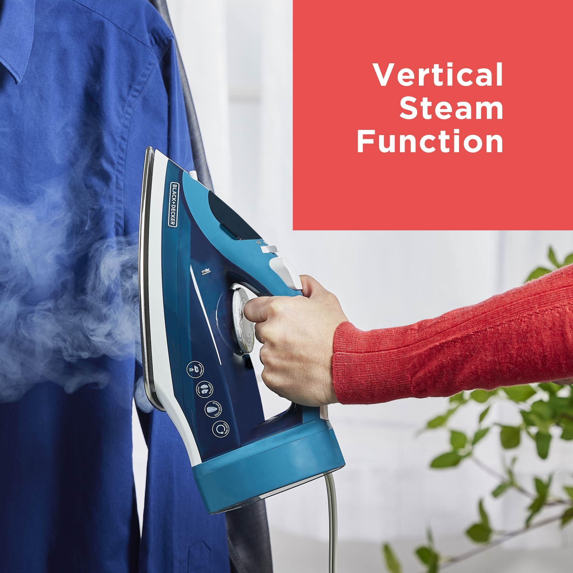 Black+Decker burst-steam button delivers quick wrinkle removal.