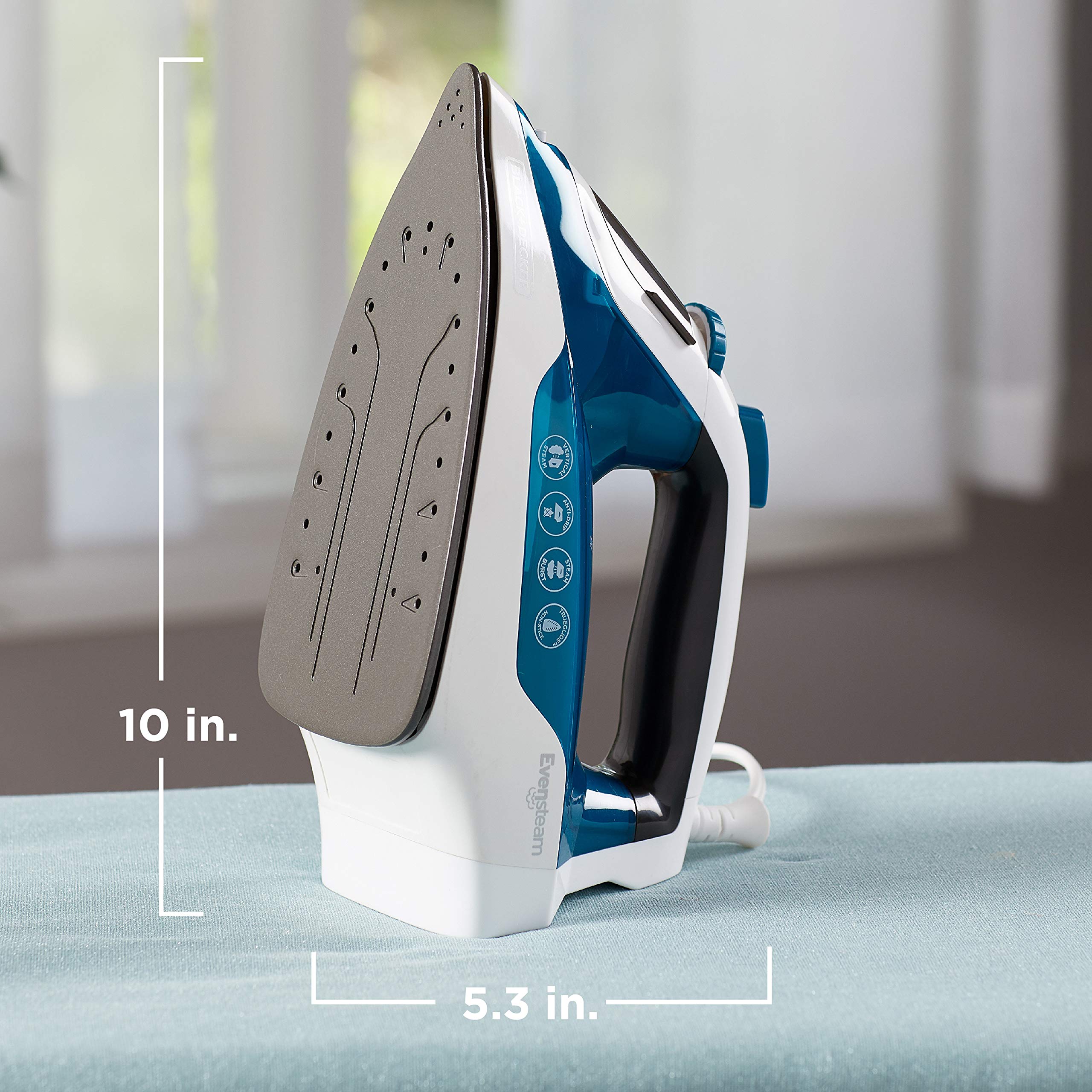 BLACK+DECKER Easy Steam Compact Iron IR06V trueglide non-stick soleplate for smooth gliding.