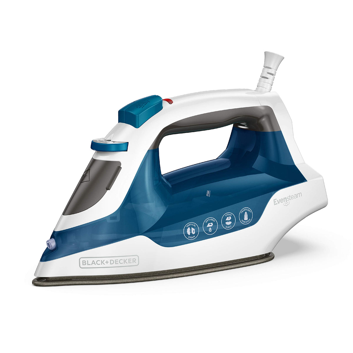 BLACK+DECKER Easy Steam Compact Iron IR06V soleplate delivers even steam for smooth fabrics.