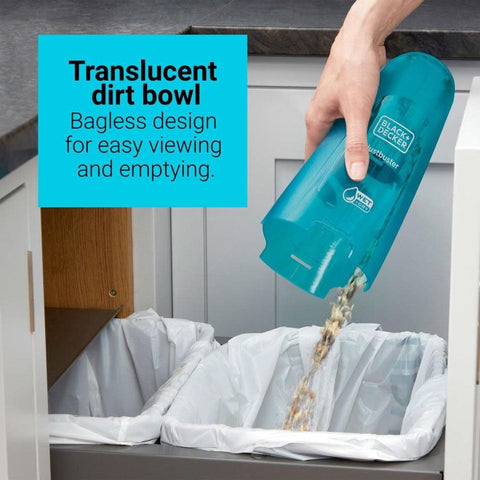BLACK+DECKER HNVC215BW52 transparent dirt bowl highlights washable filter