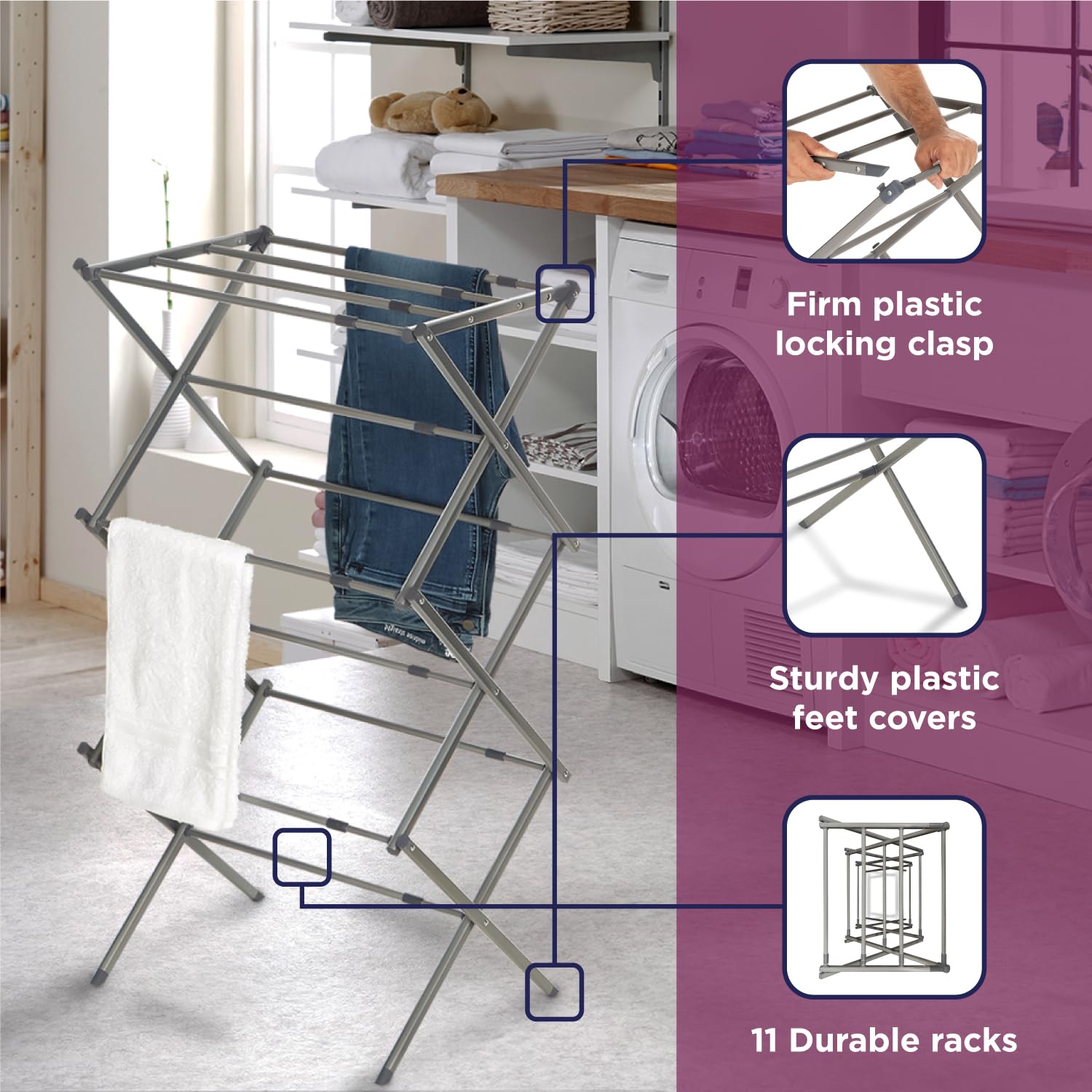 Space-saving rack folds flat beside the washer for storage