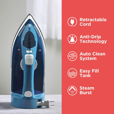 Black+Decker stainless-steel soleplate for lasting durability.