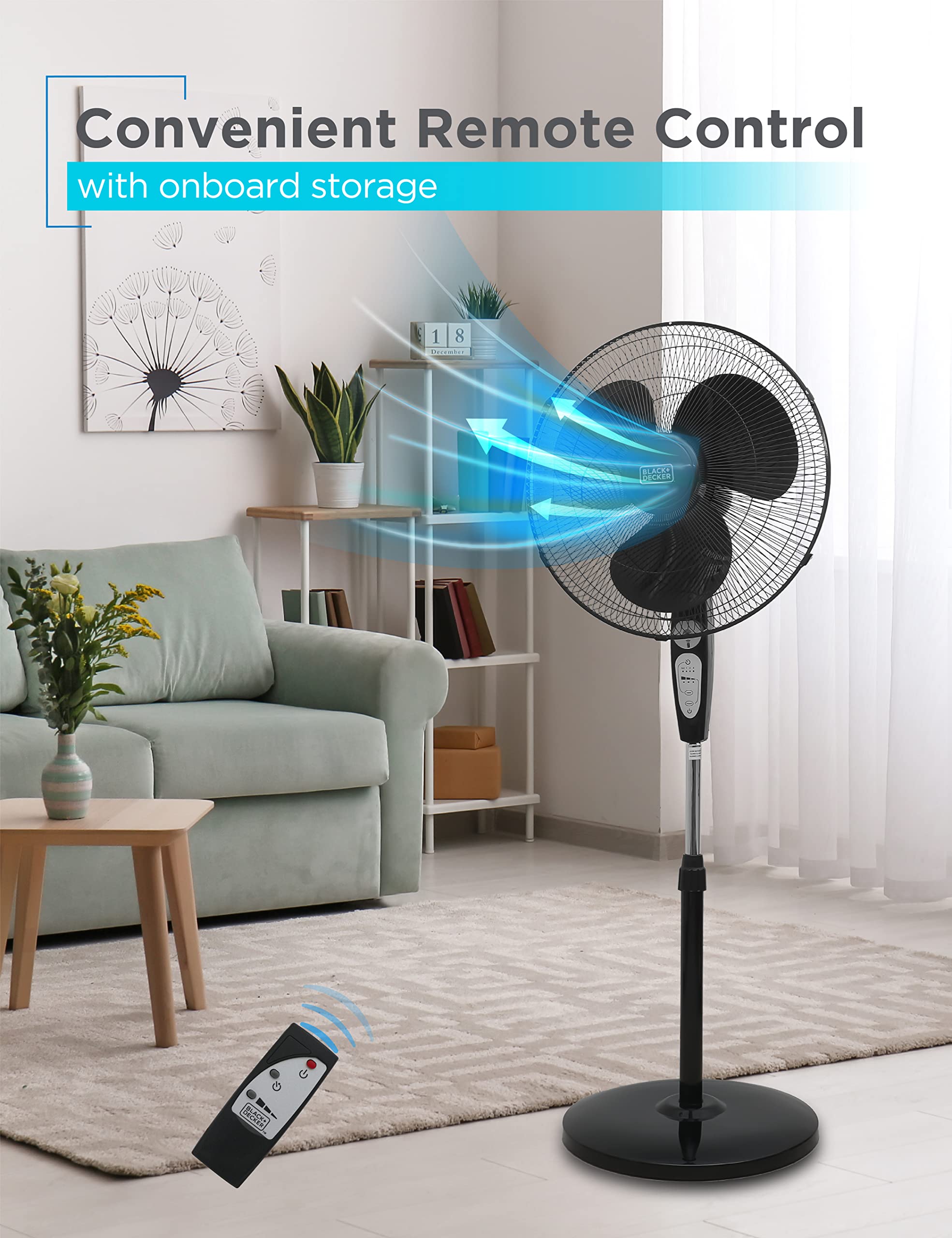 BLACK+DECKER stand fan height adjustment targets airflow to seating areas.