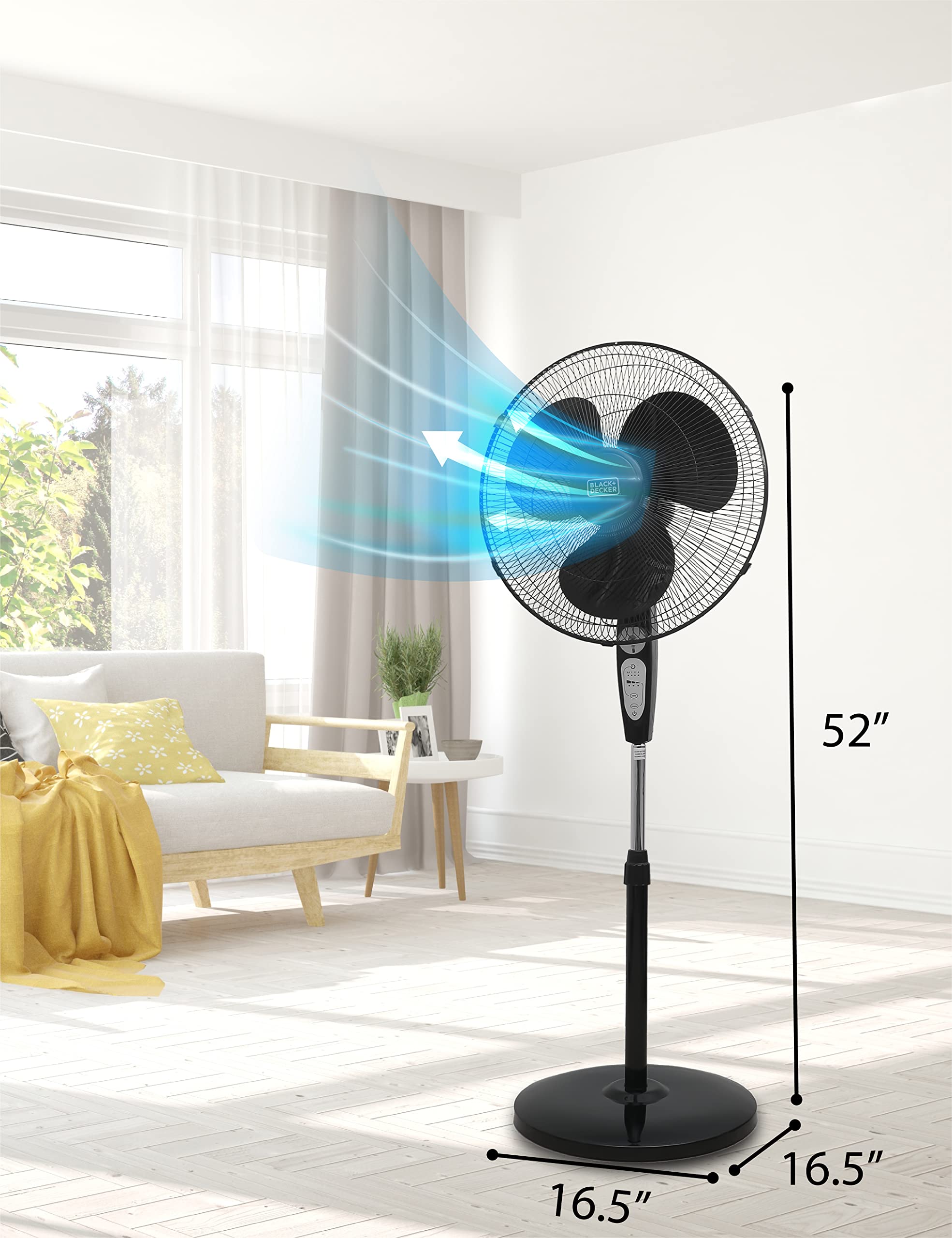 BLACK+DECKER lightweight stand fan moves easily between spaces.
