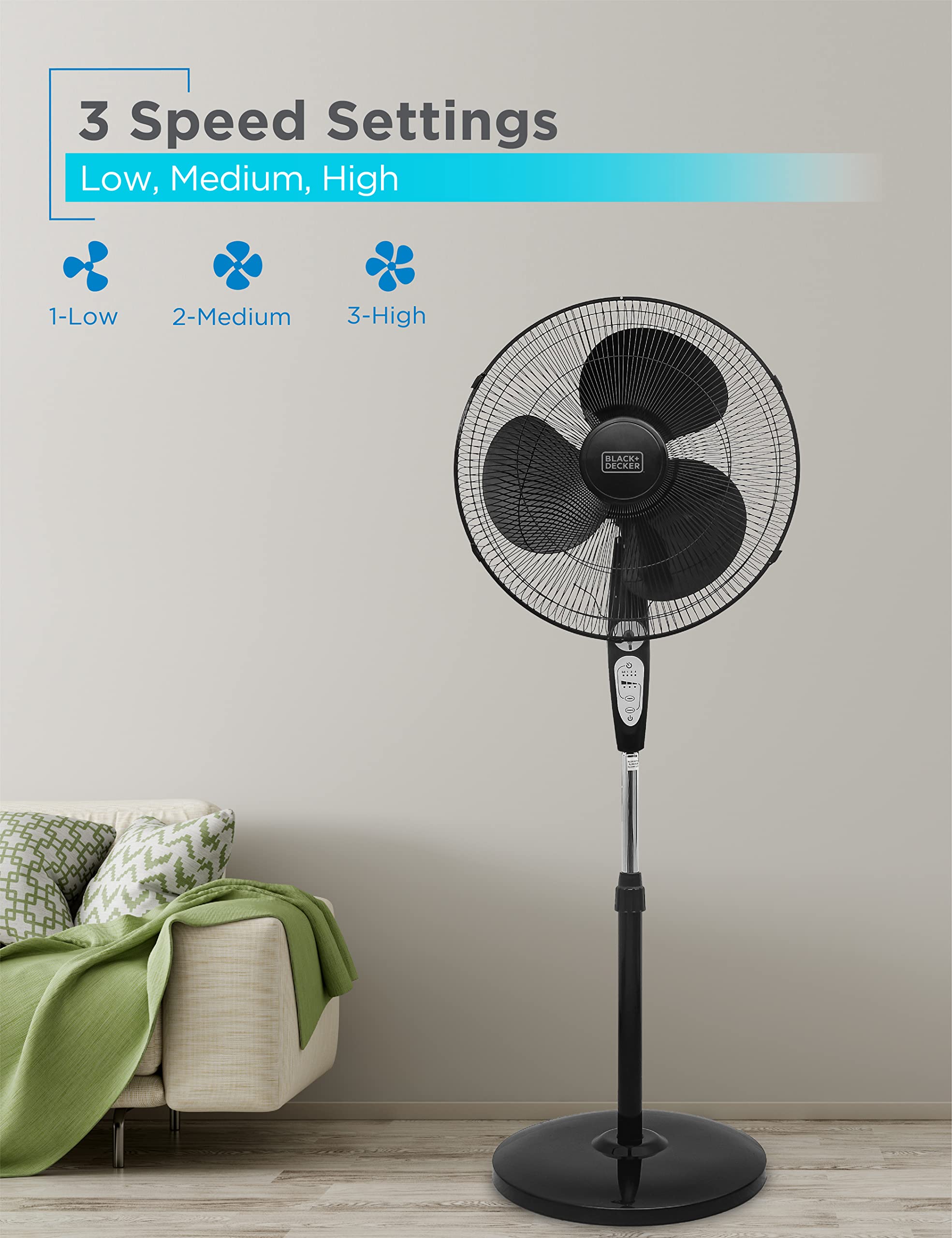 BLACK+DECKER stand fan tilt control directs breeze precisely where needed.