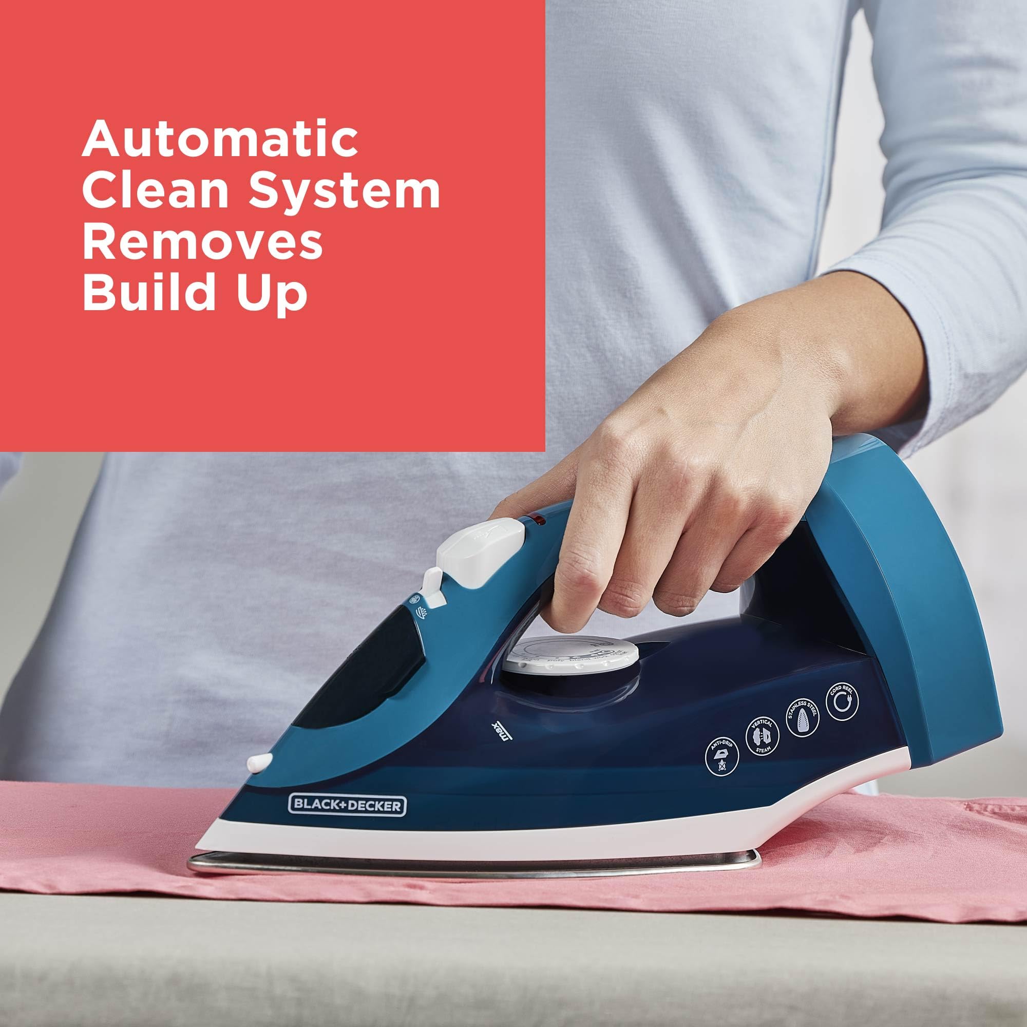 Black+Decker vertical-steaming for hanging garments and draperies.